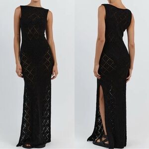 DISSH Sorrento Crochet Maxi Dress Black Knit Sheer Side Slits Large